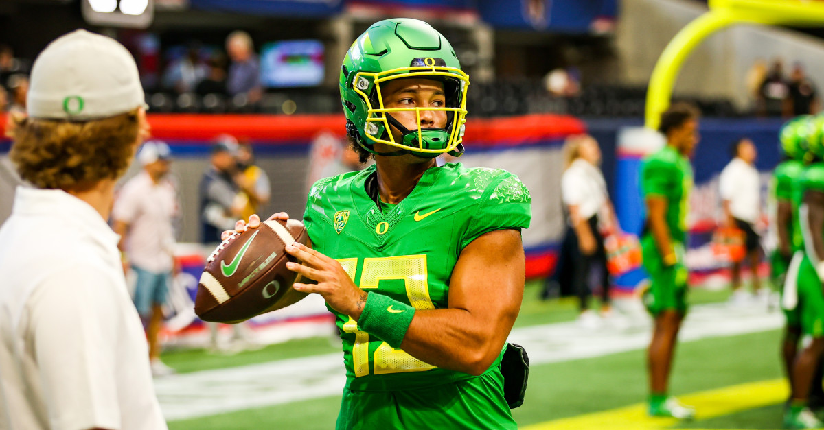 Oregon quarterback Ty Thompson goes through warmups ahead of the Georgia game in Atlanta.